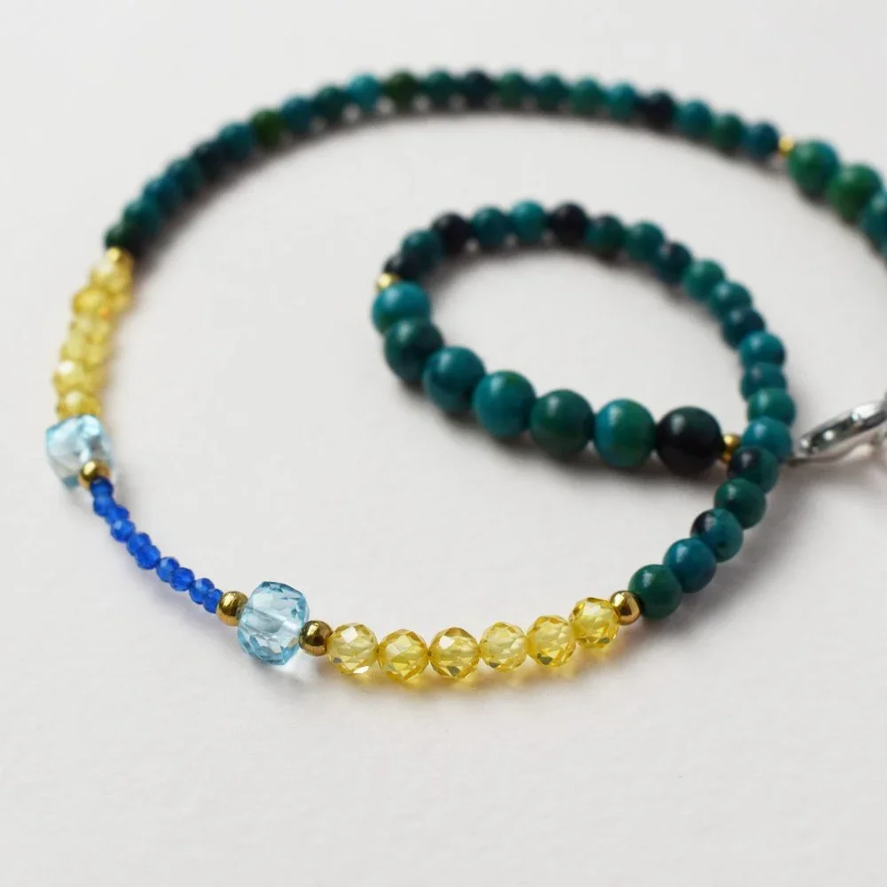 Colorful multi stone bead necklace short, unusual tiny gemstone crystal choker